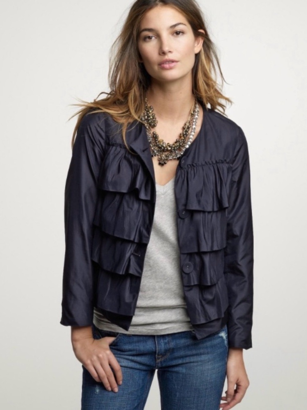 J.Crew 100% Silk Taffeta Tiered Ruffle Jacket Navy Blue Size 2